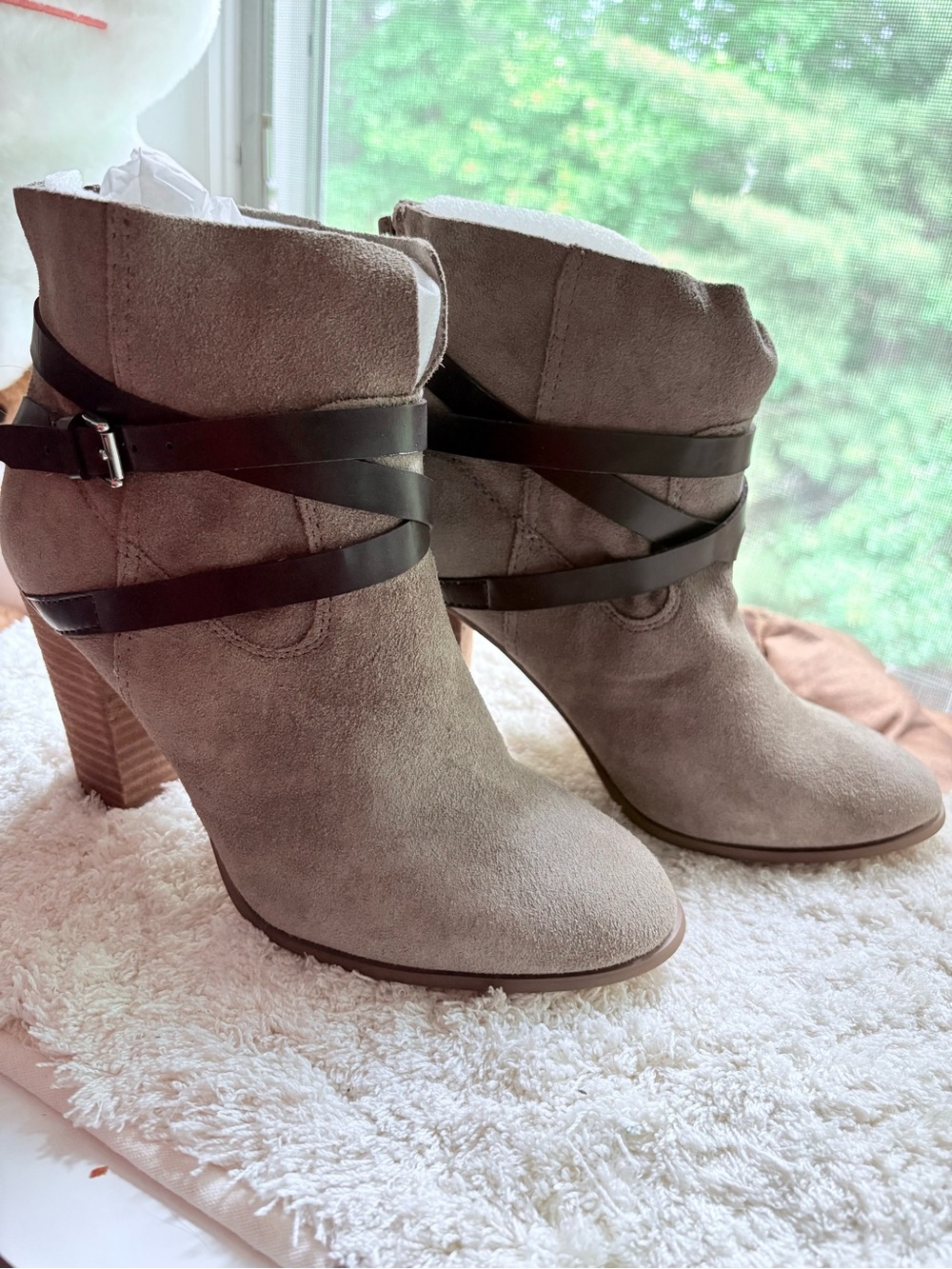 Carlos by Carlos Santana Taupe Suede Ankle Boots with Black Wrap Straps